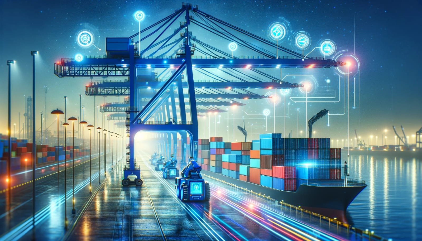 Port and logistics terminal at dusk