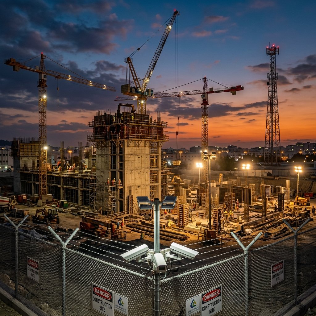 Active construction site with cranes and a mobile security tower