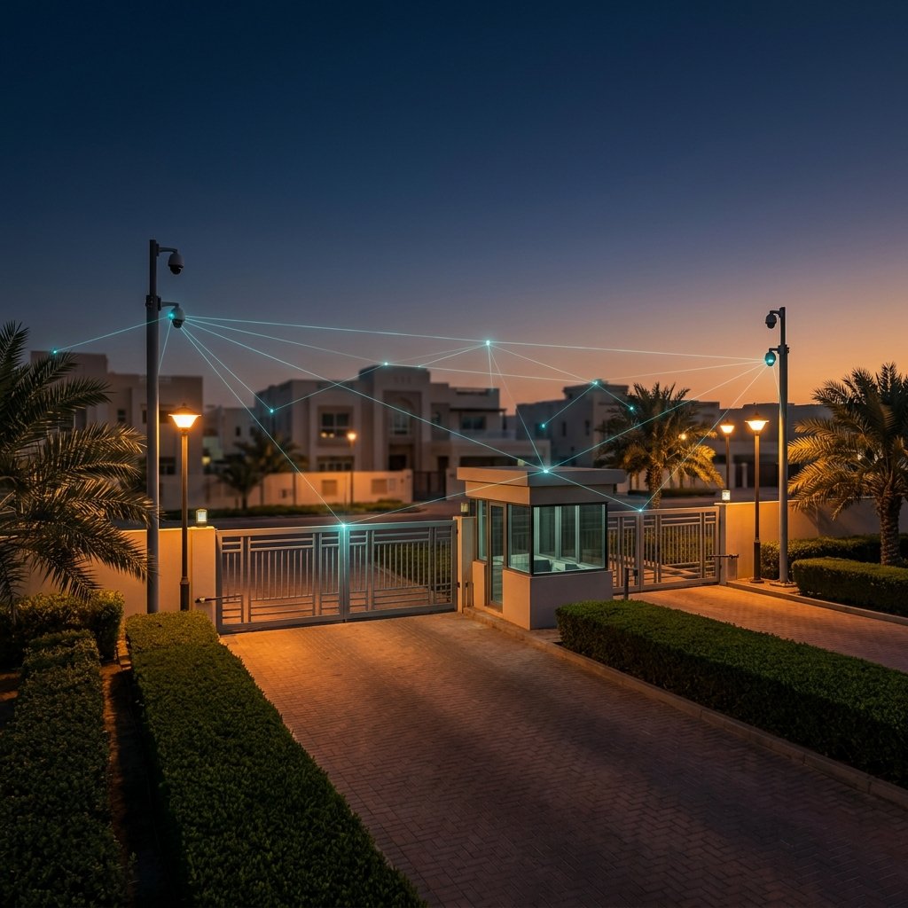 Gated residential community entrance at dusk