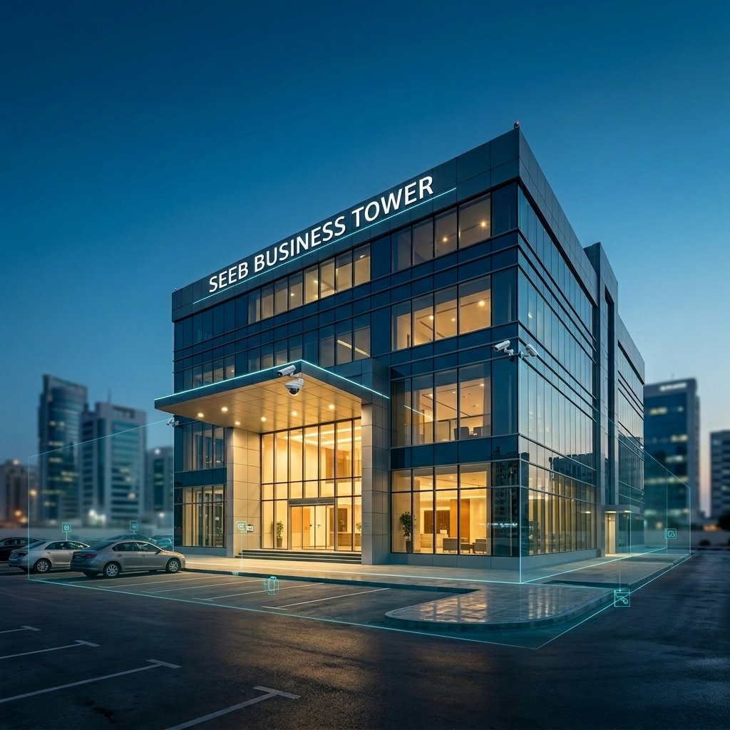 Modern commercial property with security cameras