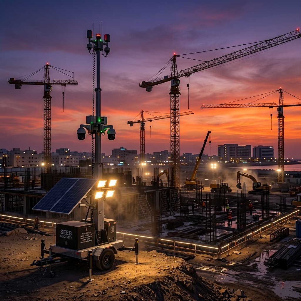 Construction site at twilight with a mobile security tower