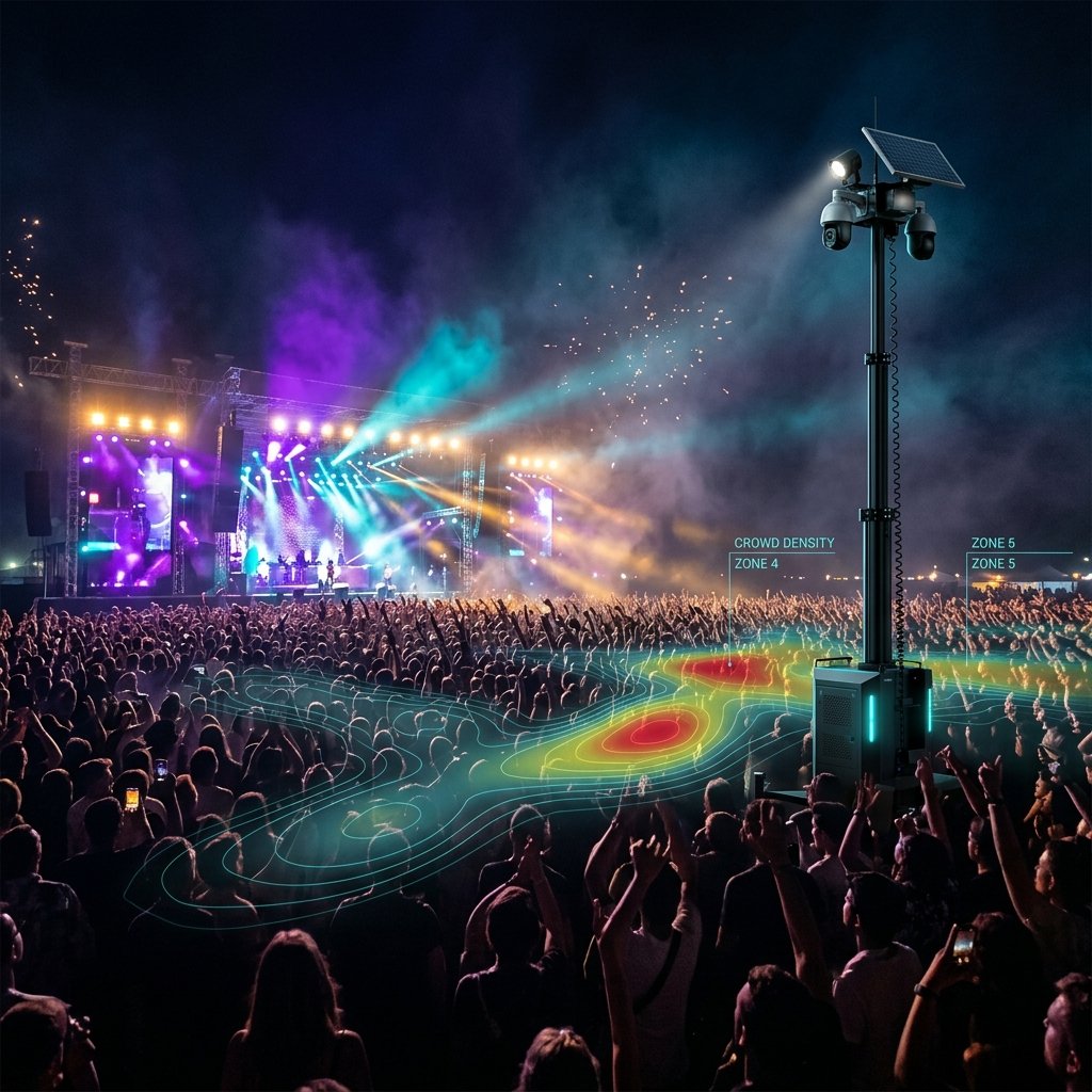 Outdoor festival at night with a mobile surveillance tower