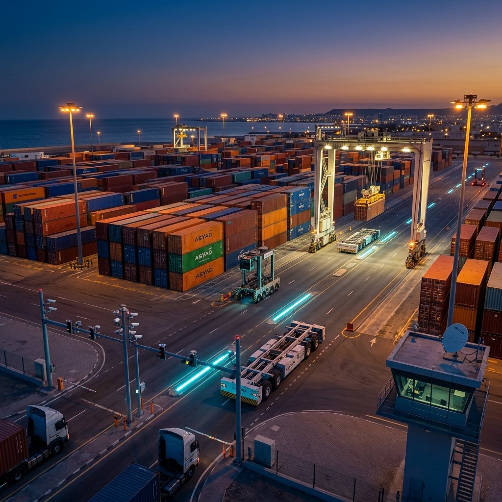 Port container yard with rows of stacked containers