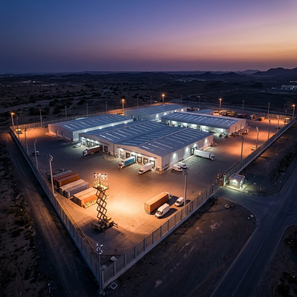 Storage facility with warehouses and perimeter fencing