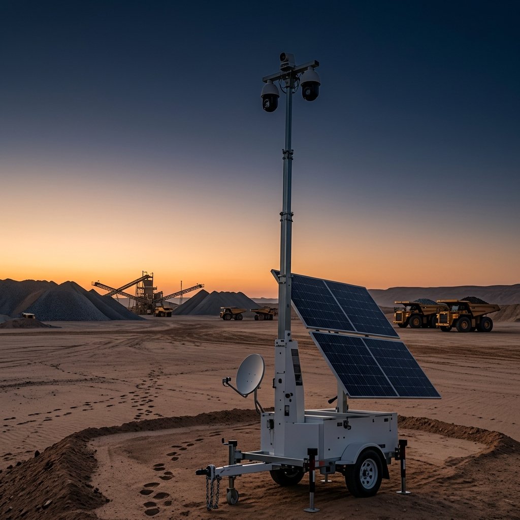 Remote mining site in a desert with mobile security tower