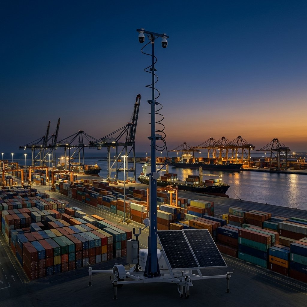 Commercial port at dusk with stacked containers and a security tower