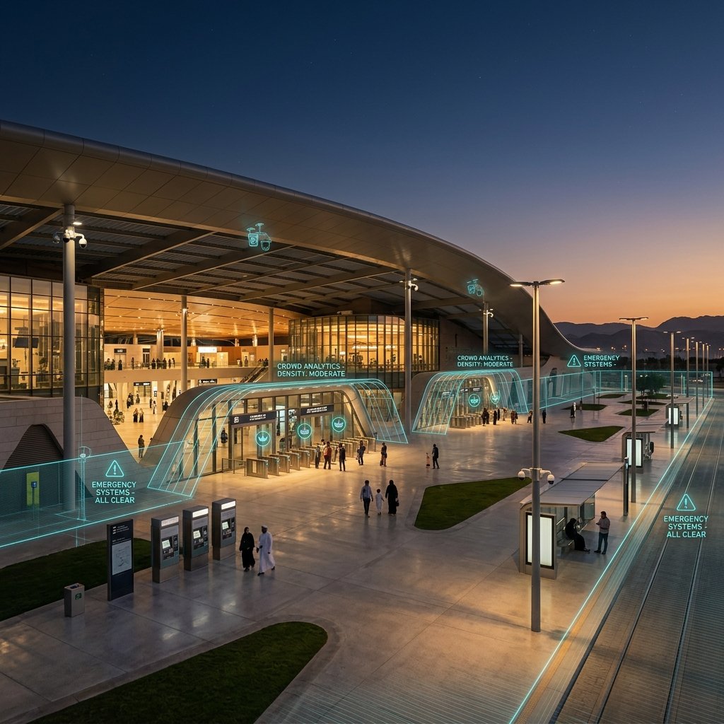 Modern public facility with visible security camera coverage