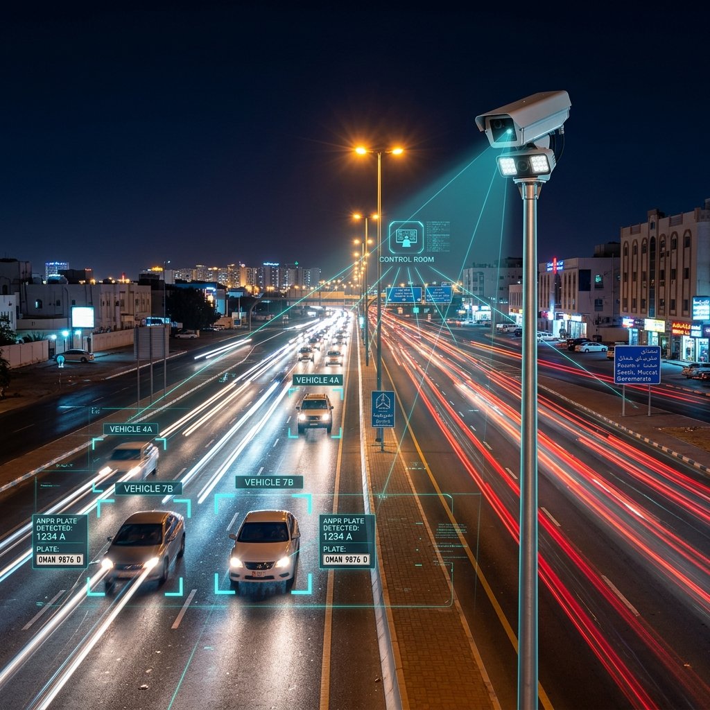 City traffic at night with long light trails and surveillance cameras