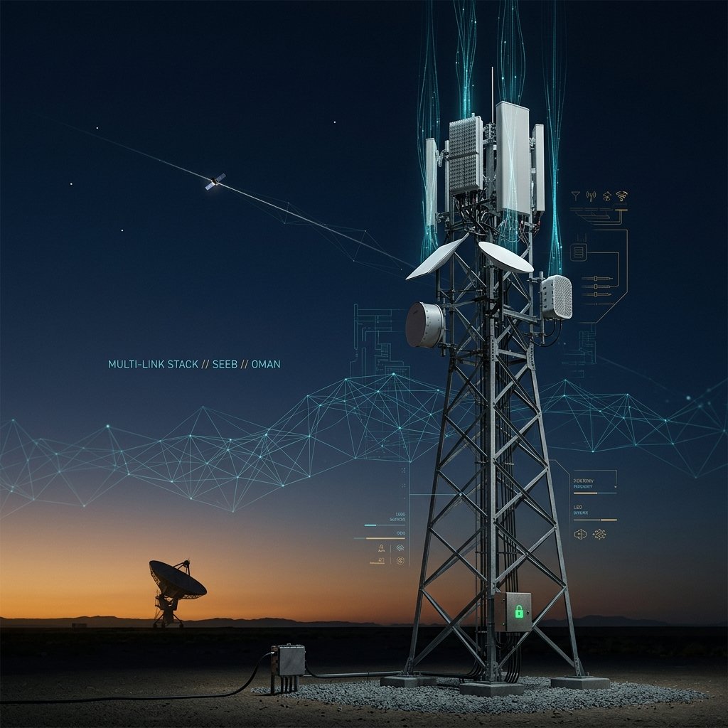 Satellite and communications tower at dusk